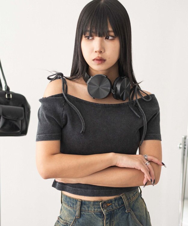 WEGO ヴィンテージウォッシュオフショルちびT スミクロ