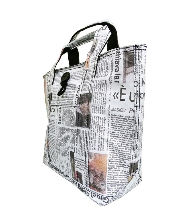 +RING 傘生地を使用した撥水ミニトートバッグ S NEWS-PAPER SR412 白～オフホワイト