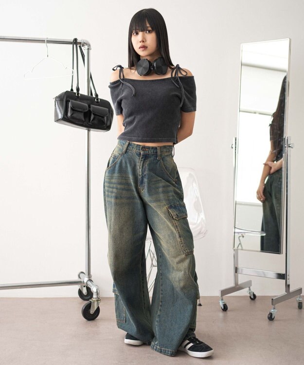 WEGO ヴィンテージウォッシュオフショルちびT スミクロ