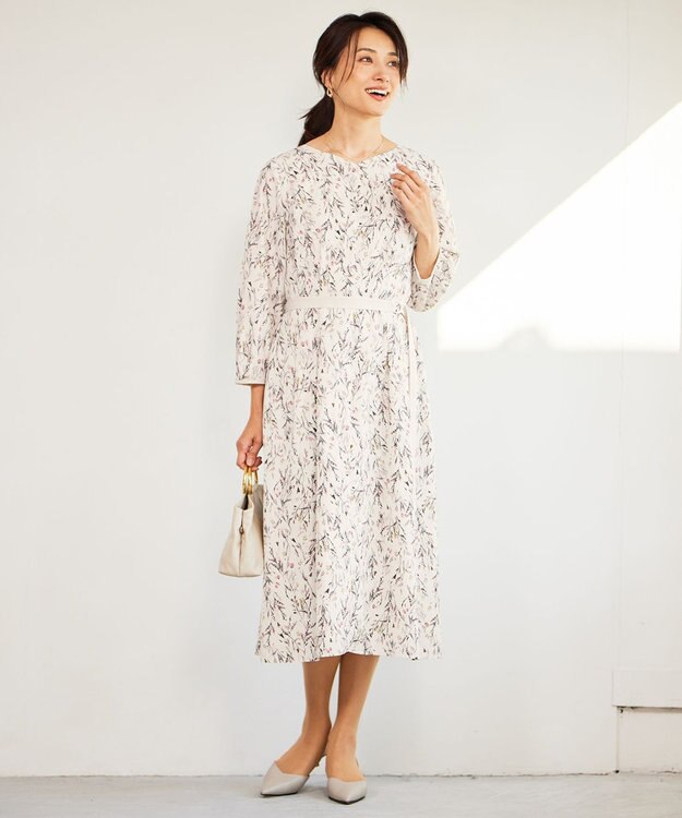 自由区 L 【洗える】ウォーターカラーフラワープリント ワンピース ベージュ系