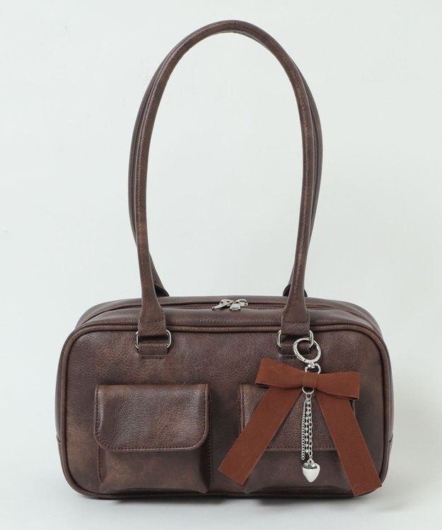 WEGO チャーム付きスクエアボストンバッグ ブラウン