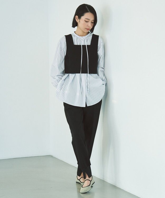 UNFILO ギャザーブラウス モノトーンストライプ