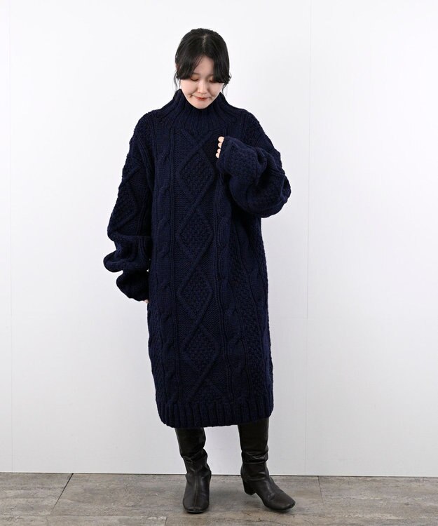 LENO ARAN ONEPIECE　アラン柄ニットワンピース NAVY