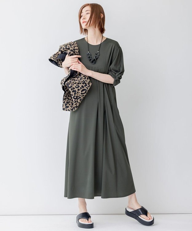 23区 L 【洗える】ライトスムース Aライン ワンピース カーキ系