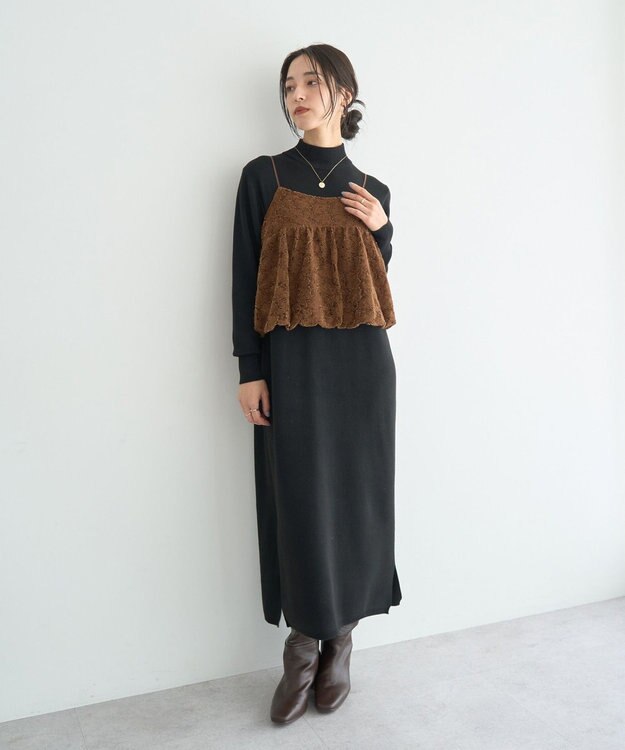 YECCA VECCA 【2点SET】バルーンキャミ付きニットワンピース Camel