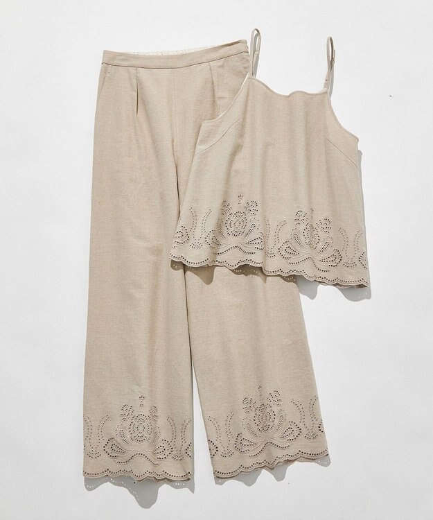 23区 L 【洗える】リネンエンブロイダリー ワイドパンツ ベージュ系