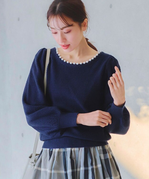 Tiaclasse 【洗える】衿パールニットトップス ネイビー