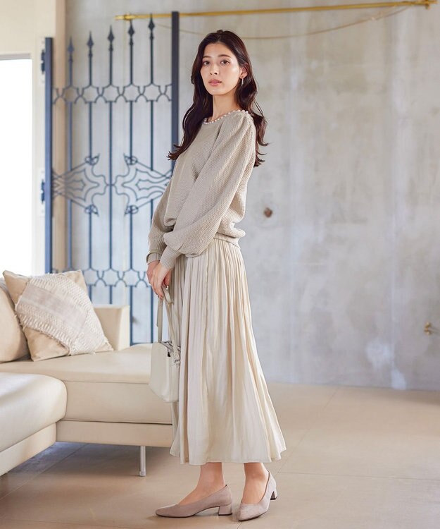 Tiaclasse 【洗える】衿パールニットトップス グレージュ