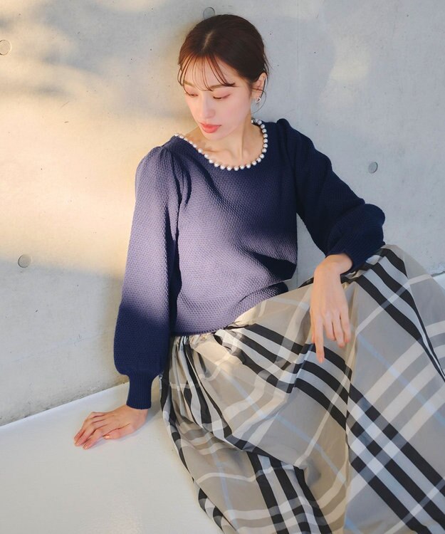 Tiaclasse 【洗える】衿パールニットトップス ネイビー