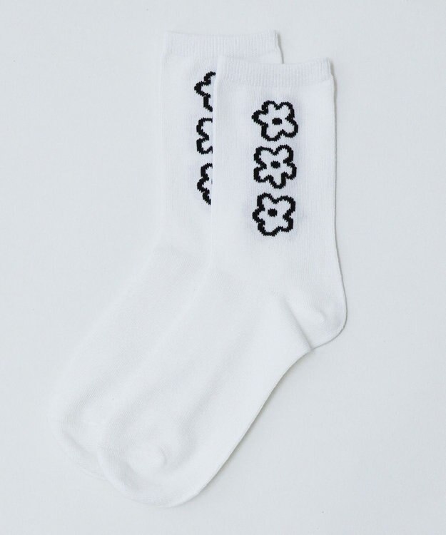 WEGO 手書き風3連フラワーソックス ホワイト