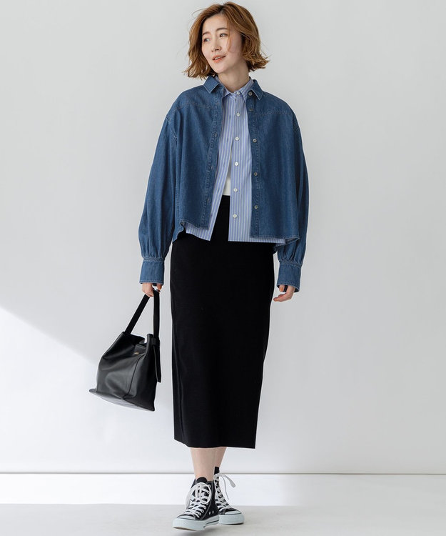 23区 【洗える】CANCLINI クロップド テントライン シャツ ブルー×イエローストライプ