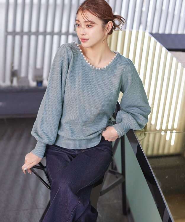 Tiaclasse 【洗える】衿パールニットトップス ミント