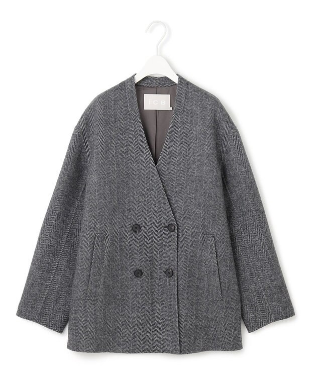 ICB WoolRever ノーカラーショートコート ヘリンボーン系