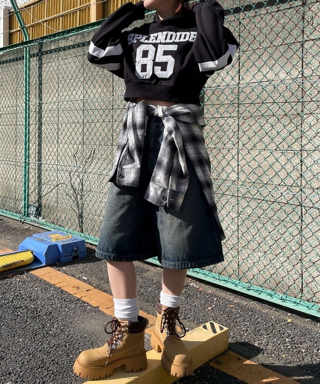 WEGO ナンバリングラインショートプルパーカー ブラック