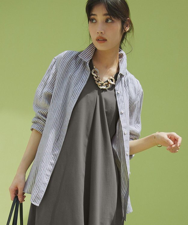 23区 【Oggi8月号掲載/洗える】LIBECO ベーシック シャツ カーキストライプ