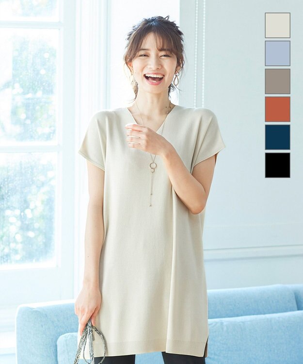 Tiaclasse L 【洗える】さらりと肌離れの良いフレンチスリーブニットチュニック エクリュ