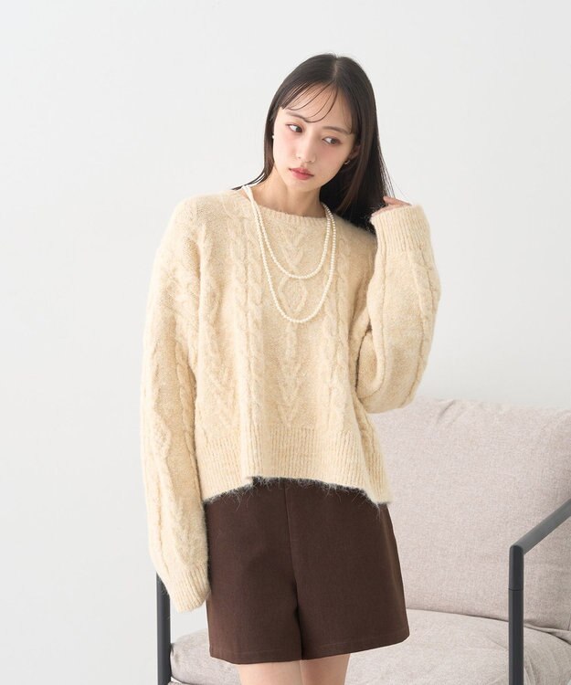 earth music&ecology モヘヤタッチケーブルニットプルオーバー アイボリー