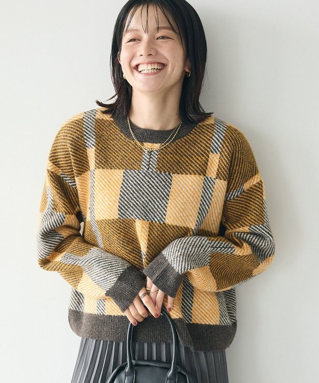 CRAFT STANDARD BOUTIQUE 洗える/チェック柄ニットプルオーバー Mustard