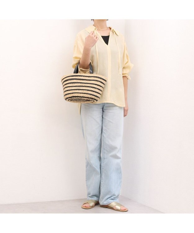 UNBILLION カシュカシュ cachecache / メタリックボーダーラフィアカゴバッグ ブラック