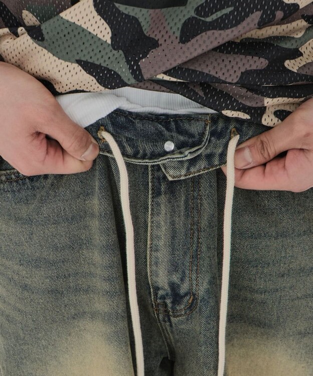 WEGO 【紐で調節可能】スーパーバギーデニムショーツ デニム淡加工色