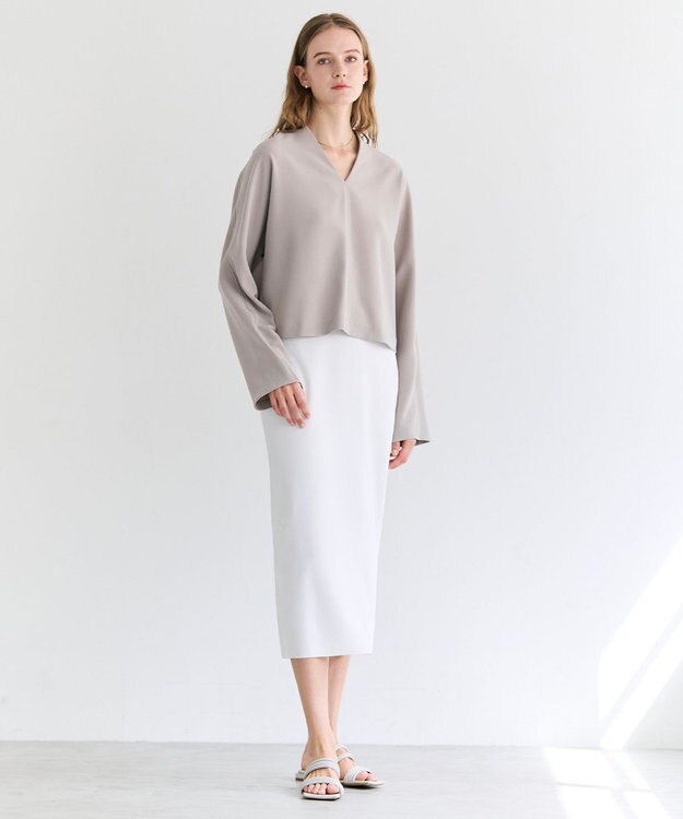 BEIGE， RUE / ドライタッチVネック配色ステッチブラウス Taupe