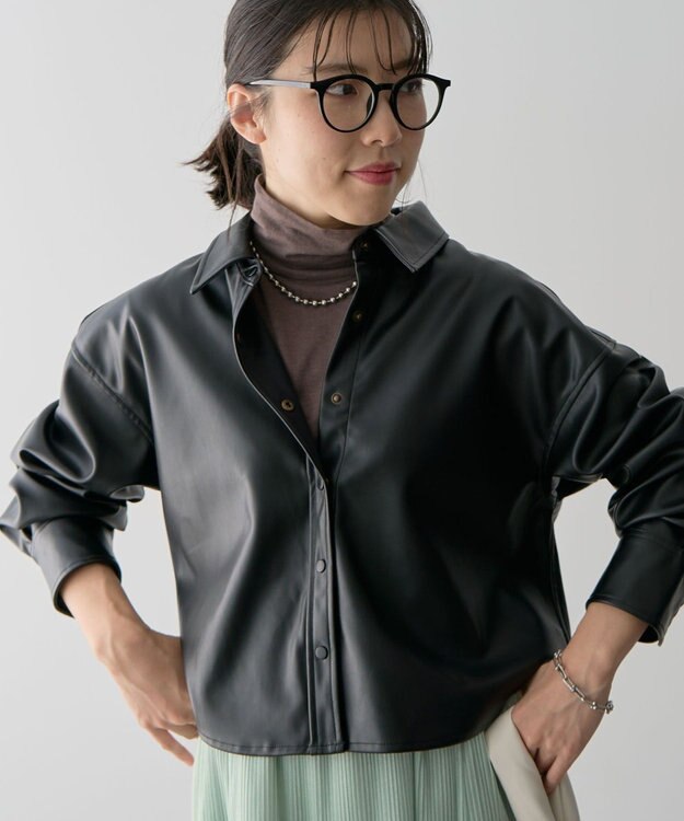 Green Parks ショート丈フェイクレザーシャツ Black