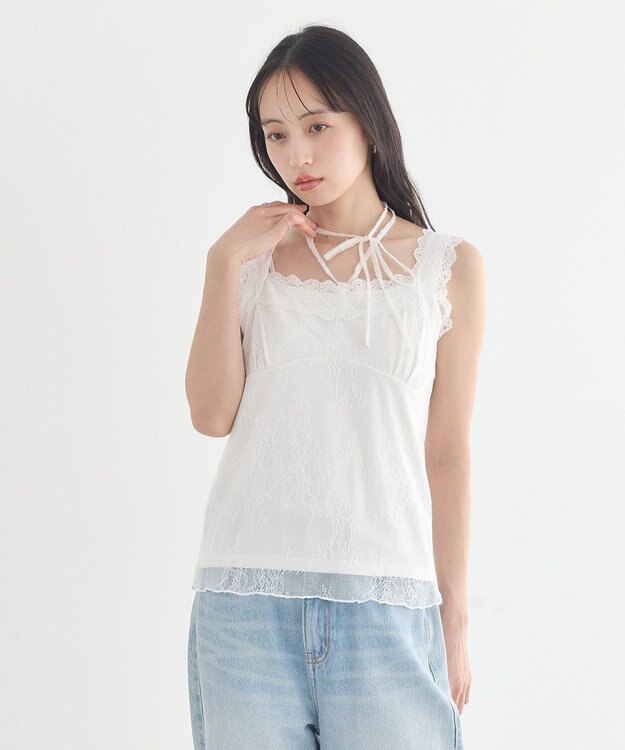earth music&ecology 【2WAY/紐取り外し可能】総レースホルターネックキャミソール Off White