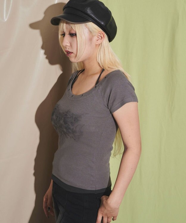 WEGO ハトメレイヤードグラフィックT ブラック中濃色