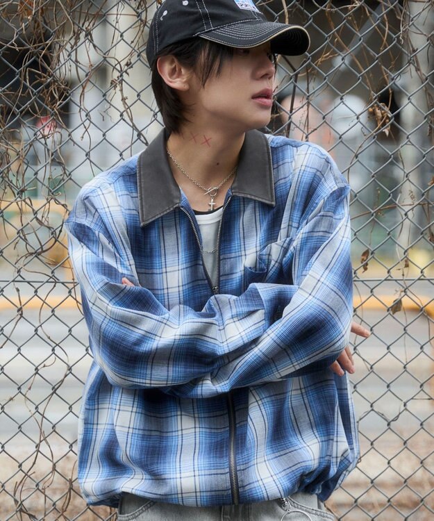 WEGO 【ユニセックス着用ITEM】オンブレチェックシャツジャケット ブルーチェック1