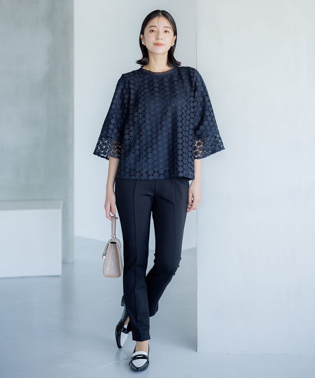 組曲 S 【WEB限定】フラワーレース袖フレア ブラウス ネイビー系