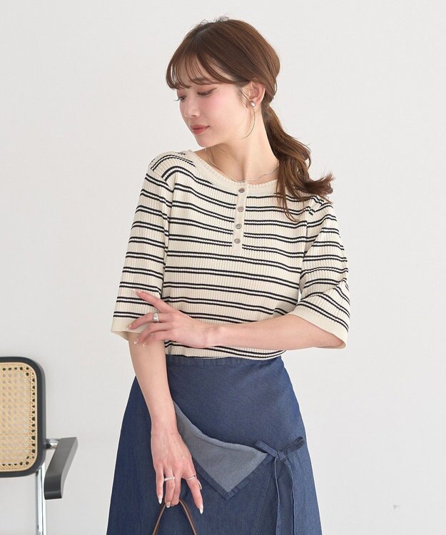 earth music&ecology ヘンリーネック半袖ニットプルオーバー Border