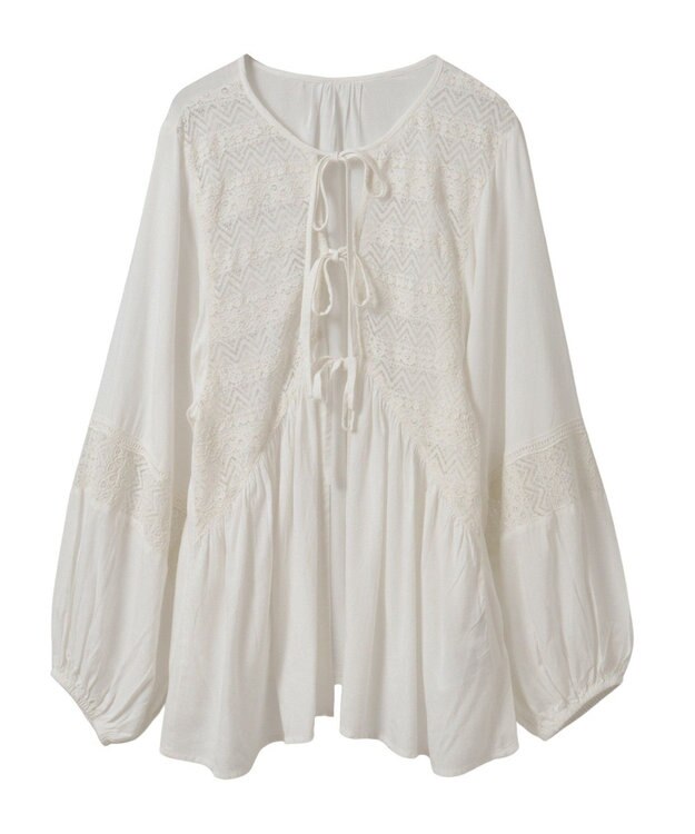 earth music&ecology レーヨンレースデザインシャツ Off White