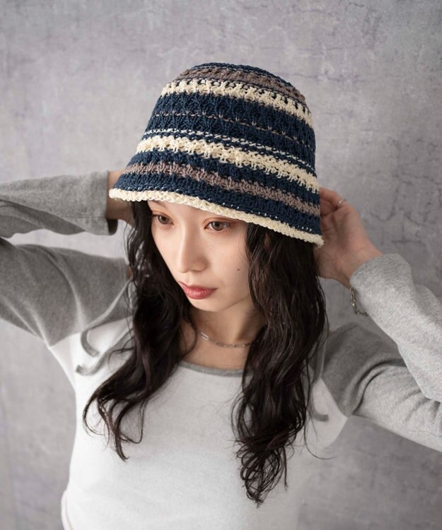 WEGO クロシェ編みボーダーハット ネイビー