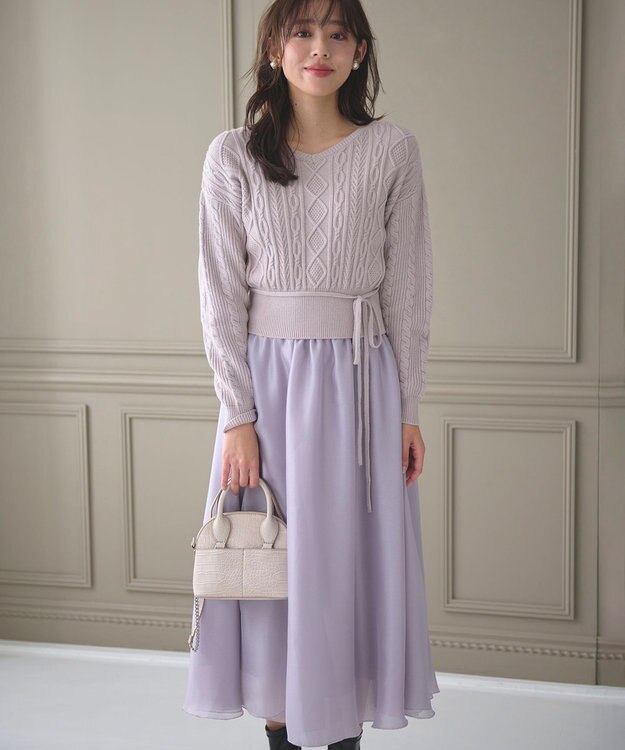 Feroux 【セットアイテム】ケーブルニット×オーガンジースカート ラベンダー系
