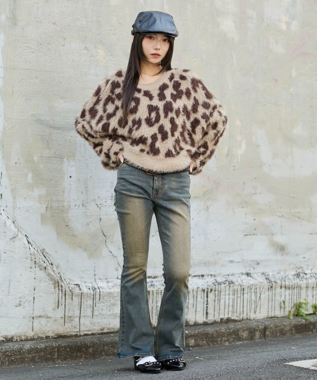 WEGO レオパードシャギーショートニット ベージュ