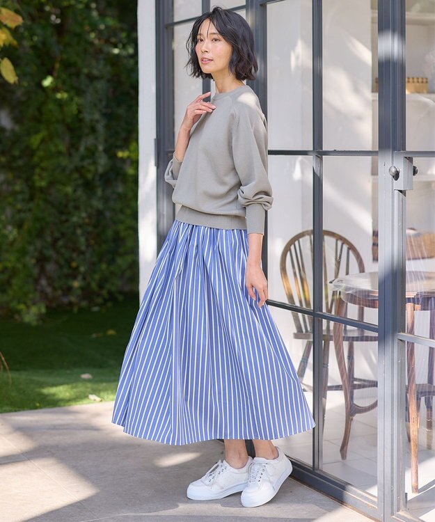 ANY 【ウエストゴム】タックギャザースカート ブルーストライプ