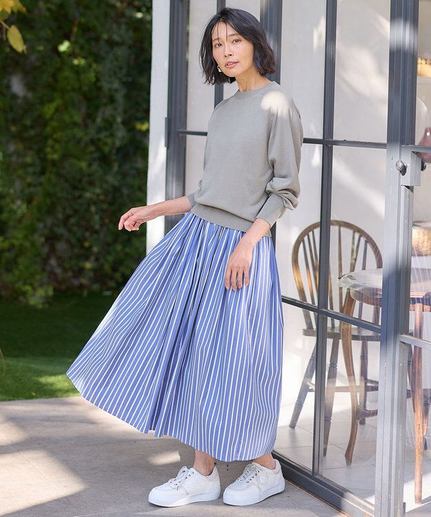 ANY 【ウエストゴム】タックギャザースカート ブルーストライプ