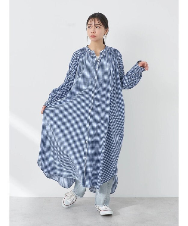 earth music&ecology コットンボイルギャザーワンピース Check Blue