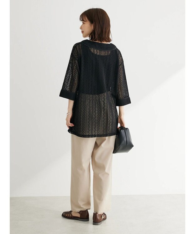 Green Parks カフタンレース７分袖ブラウス Black