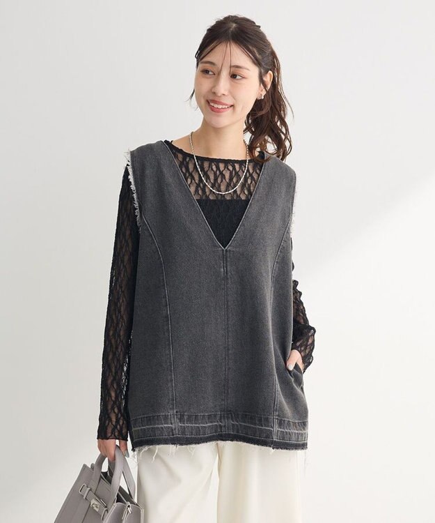 Green Parks パネルラインレースカットプルオーバー Black