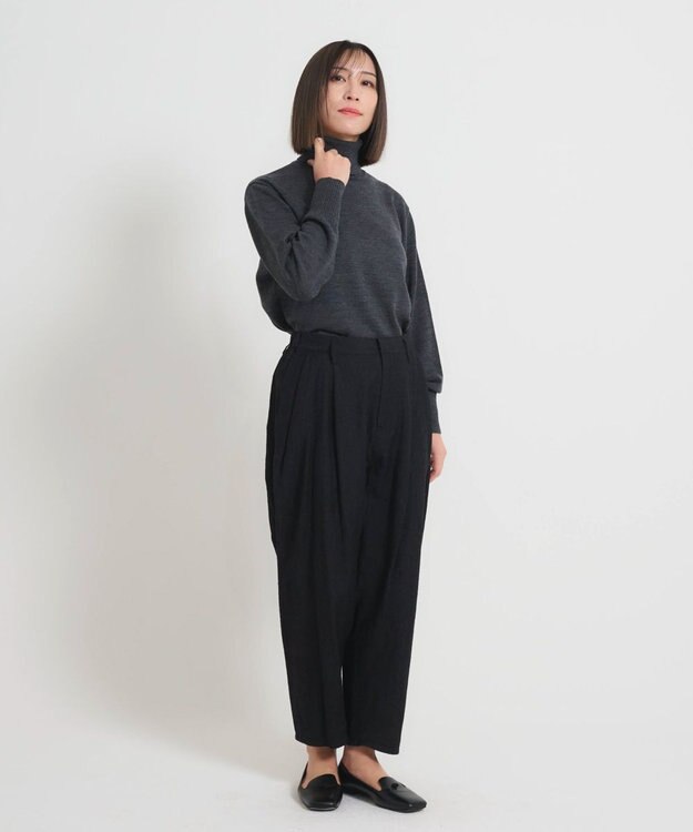 muuc 〈軽やかな尾州産リネンウール〉スラックスパンツ  　ロングシーズン 秋冬春 後ろウエストゴム有り ゆったりシルエット セットアップ可能  裏地有り ブラック