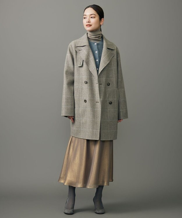 自由区 L 【17号サイズまで展開・カタログ掲載】ウールリバーチェック柄ダブルブレスト コート モカチェック