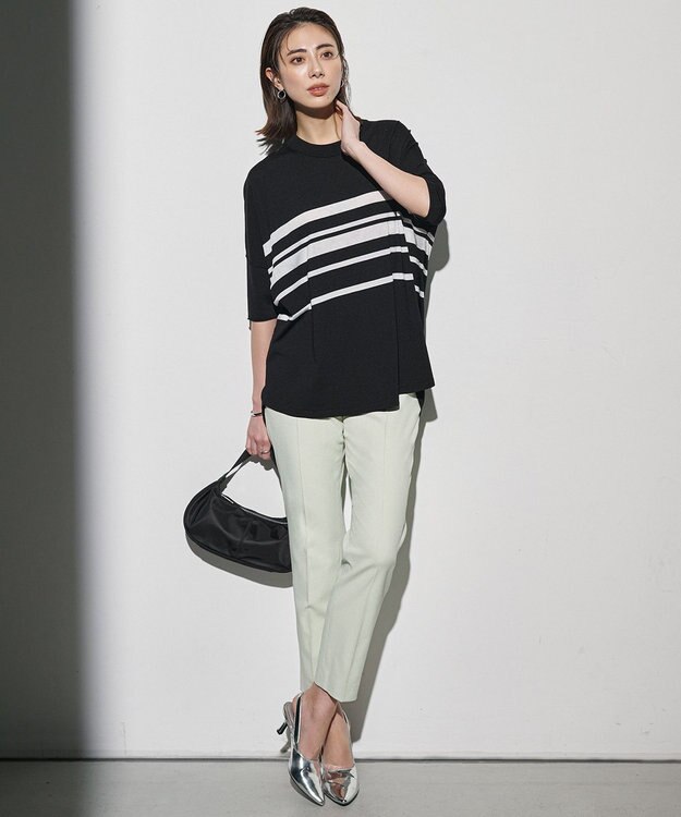 ICB VIS/NYハイゲージランダムボーダー 半袖ニット ブラック×オフホワイト