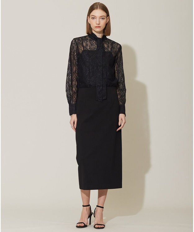 ICB L 【洗える】ナイロンラッセルレース バンドカラーシャツ ブラック系