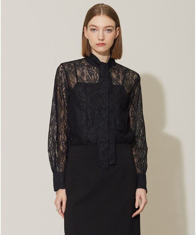 ICB 【洗える】ナイロンラッセルレース バンドカラーシャツ ブラック系