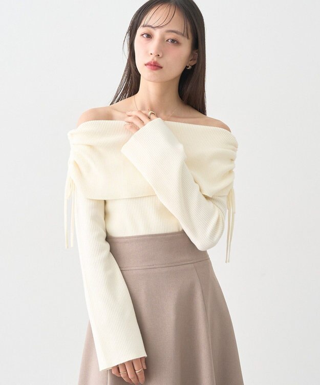 earth music&ecology リボンギャザーオフショルニットプルオーバー Ivory
