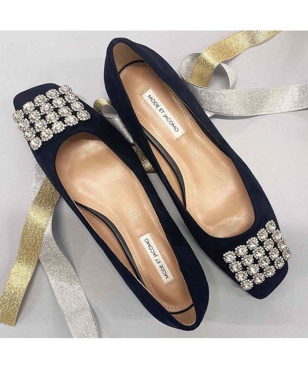 MODE ET JACOMO <MODE ET JACOMO>アシンメトリービジューフラットパンプス ネイビースエード