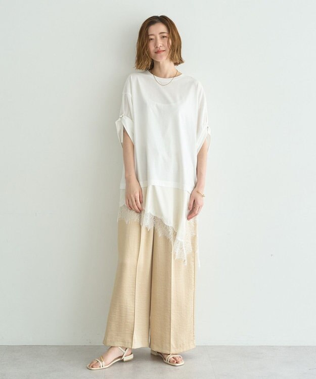 YECCA VECCA ドロストスリーブヘムレースTee White