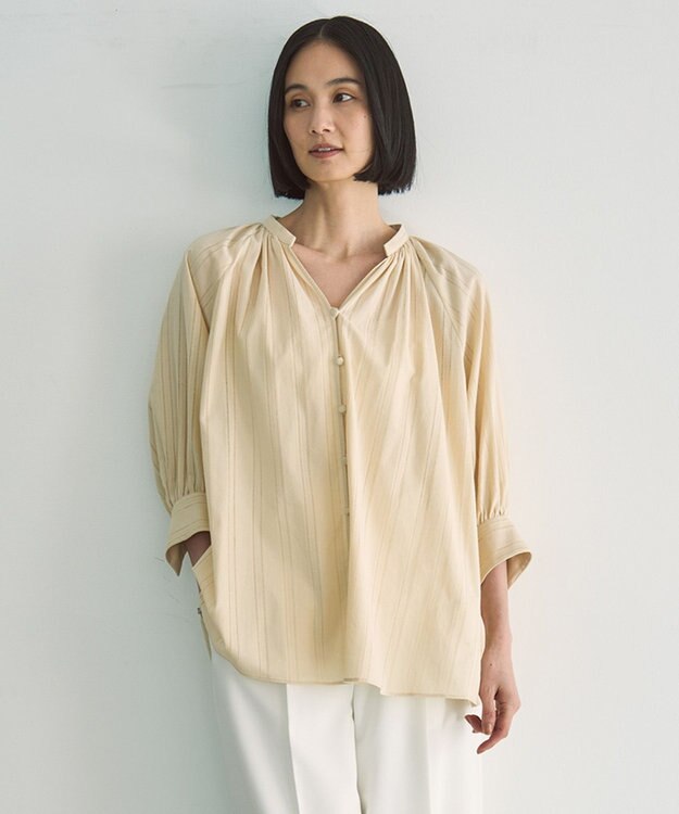 UNFILO ストライプレース ギャザーブラウス ライトイエロー