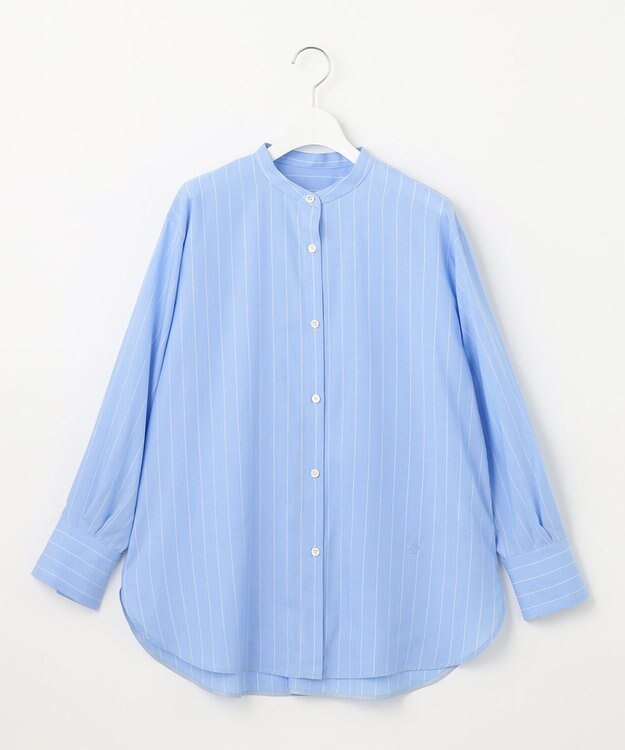 自由区 【洗える】SOMELOSテンセルバンドカラー シャツ サックス×オフ